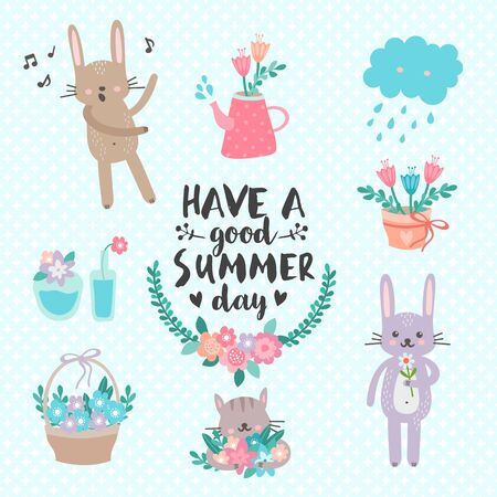 Have a good summer day. Awesome set in soft pastel colors. Cute illustration with typography, bouquet, bunny, cloud and floral wreath on blue background.のイラスト素材
