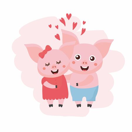 Valentine's Day greeting card. Cute illustration with sweet pigs and love theme illustration. Romantic relationship lover. Animals love.のイラスト素材