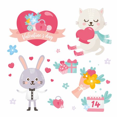 Set of Valentine's Day elements. Cute illustration with sweet rabbit, cat with heart, flower bouquet and gifts. Big heart with lettering.のイラスト素材