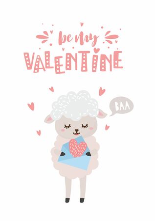 Be my Valentine. Cute sheep with hearts envelope in cartoon style. Funny Valentines day card. Childish concept illustration. Hand drawn letters.のイラスト素材