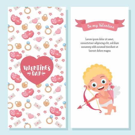 Valentine's Day greeting card set. Illustration of cute cartoon cupid. Cupid angel shoots a bow and big heart with hand-lettering. For postcard or invitationのイラスト素材
