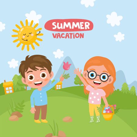 Summer natural landscape. Girl with a basket of flowers. A boy gives a flower. Sunny day with blue sky, Green Meadow . Welcome summer message. Space for your text.のイラスト素材