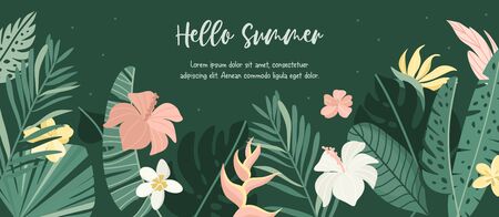 Hello Summer horizontal tropical banner. Vector jungle illustration. Greenery, palm leaves, banana leaf, hibiscus, plumeria flowers. Place for your text.のイラスト素材