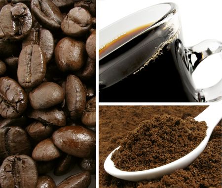 Whole bean roasted coffee with ground coffee and a cup of fresh-brewed hot coffeeの写真素材