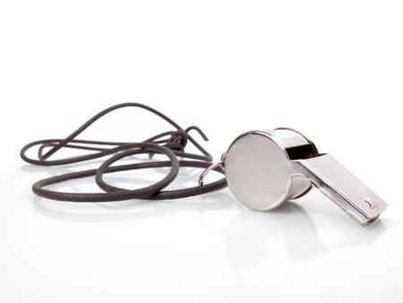 Simple tin whistle with a black cord on a white background                               の写真素材