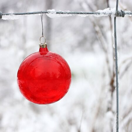Delicate vintage red crystal ornament hangs from a snow-covered fenceの写真素材