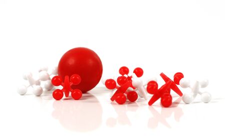 Game of jacks in red and white on white backgroundの写真素材