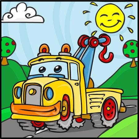 Detailed illustration of a Cartoon Tow Truck Character with Hills Backgroundのイラスト素材