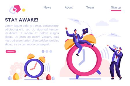 Morning Classic Minute Reminder. Work Deadline, Wake Alarm, Chronometer Concept. Bell on Time Device, Clock and People Ring. Cartoon Flat Vector Illustration Hero Image, Banner for Web Page.のイラスト素材