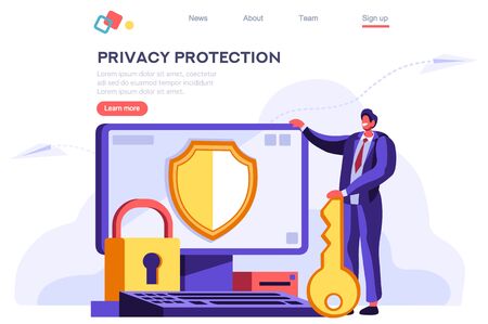 Infographic, banner with hero protect data and confidentiality. Safety and confidential data protection, concept with character saving code and check access. Cartoon flat vector illustration, Banner.のイラスト素材