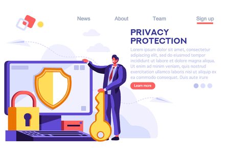 Infographic, banner with hero protect data and confidentiality. Safety and confidential data protection, concept with character saving code and check access. Cartoon flat vector illustration.のイラスト素材