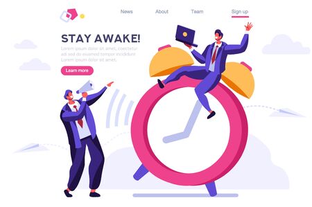 Morning Classic Minute Reminder. Work Deadline, Wake Alarm, Chronometer Concept. Bell on Time Device, Clock and People Ring. Cartoon Flat Vector Illustration Hero Image, Banner for Web Page.のイラスト素材