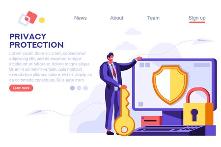 Infographic, banner with hero protect data and confidentiality. Safety and confidential data protection, concept with character saving code and check access. Cartoon flat vector illustration.のイラスト素材