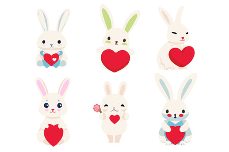 Bunny holding a heart a collection of baby rabbit for a cute valentine's day gift. Kawaii ears and little cute faces. Vector illustration.のイラスト素材