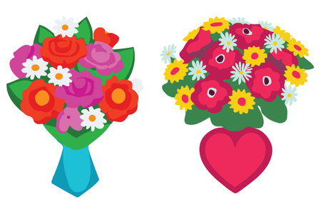 Flowers bouquet with heart made with love very colorful vector flat illustrationのイラスト素材