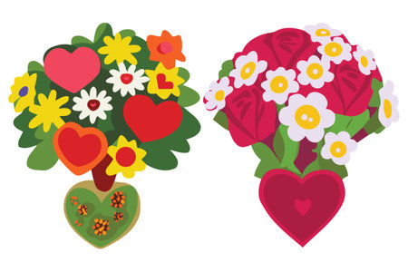 Flowers bouquet with heart made with love very colorful vector flat illustrationのイラスト素材