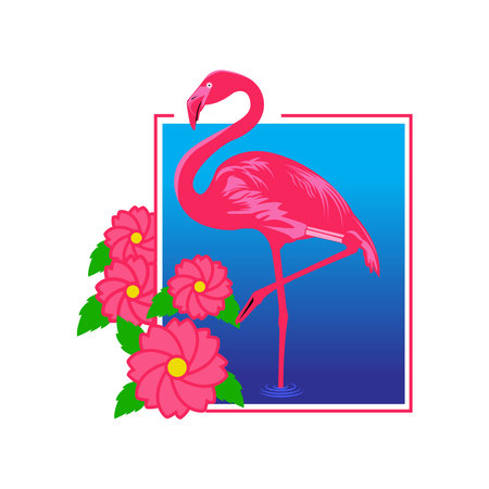Pink flamingo with flowers on a blue background. Vector illustration.のイラスト素材