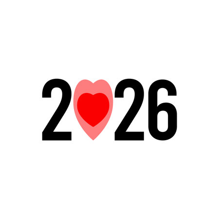 Happy new year 2026 with red heart. Greeting card. Vector illustration