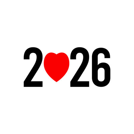 Happy new year 2026. Red heart on white background. Vector illustration.
