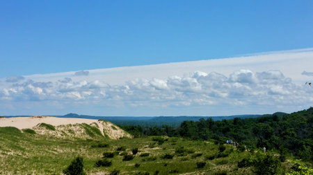 People hiking trails along Pyramid Pointの写真素材