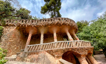 Park Guell Stone Structures and Treesの写真素材