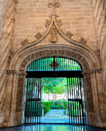 Lonja de la Seda Ornate Archway with Garden Viewの写真素材