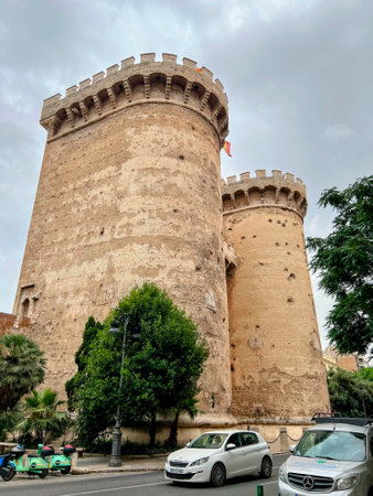 Torres de Quart with Street Trafficの写真素材
