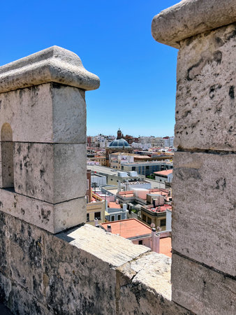 Valencia City View Through Stone Tower Windowの写真素材