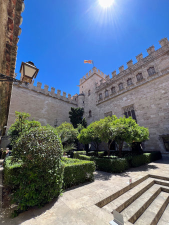 Lonja de la Seda Courtyard with Catalan Flagの写真素材
