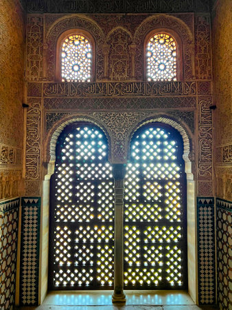 Ornate Moorish Windows in Alhambra Palaceの写真素材