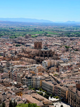 Granada Cityscape: Cathedral and Distant Plainsの写真素材