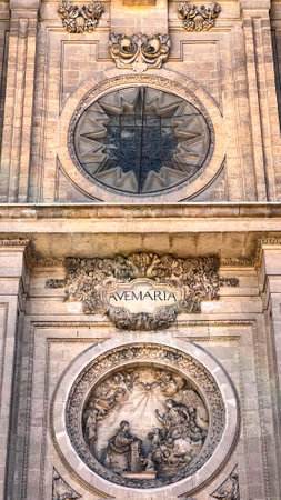 Granada Cathedral Facade: Ave Maria Detailの写真素材