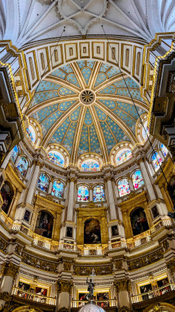 Granada Cathedral Dome: Upward Ornate Viewの写真素材