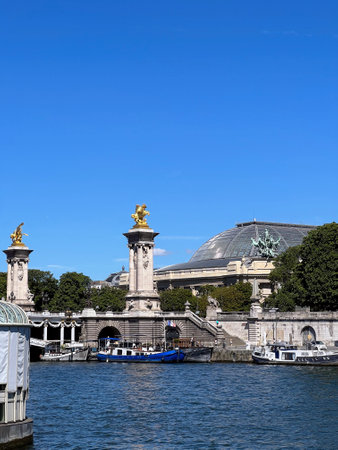 Pont Alexandre III: Golden Statues and Seineの写真素材