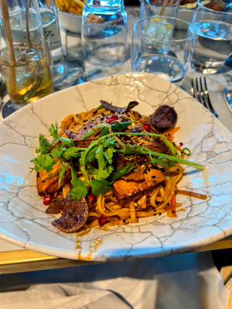 Asian Noodles with Tofu and Herbsの写真素材
