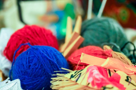 Knitting needles and yarn craft closeup backgroundの写真素材