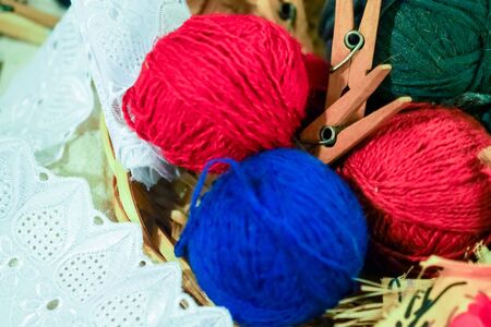 Knitting needles and yarn craft closeup backgroundの写真素材