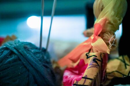 Knitting needles and yarn craft closeup backgroundの写真素材