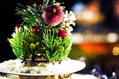 Happy new year artificial bonsai tree christmas composition backgroundの写真素材