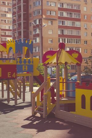 Summer colorful playground outdoors activity equipment backgroundの写真素材