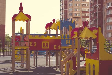 Summer colorful playground outdoors activity equipment backgroundの写真素材