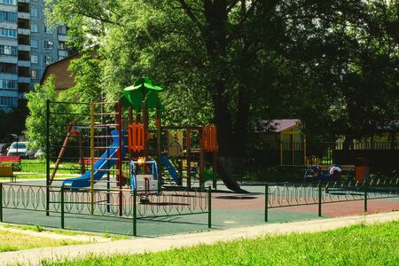 Summer colorful playground outdoors activity equipment backgroundの写真素材
