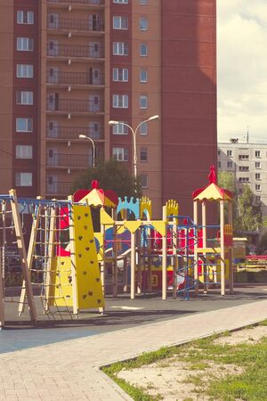 Summer colorful playground outdoors activity equipment backgroundの写真素材