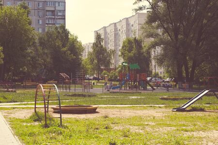 Summer colorful playground outdoors activity equipment backgroundの写真素材