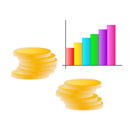 Columns of coins with a business graph on a white backgroundの写真素材
