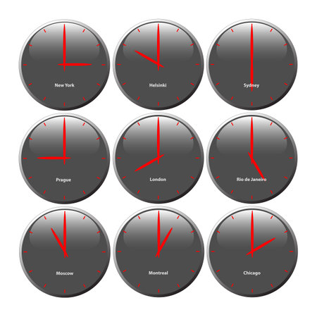 Grey clocks with glossy area showing world time, the red pointerの写真素材