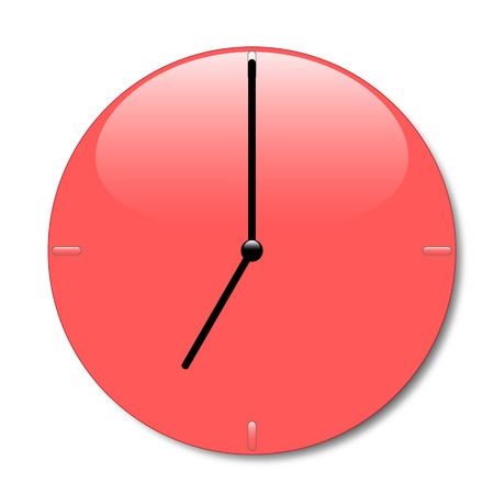 Shiny red wall clock with glossy place and with black hands, with shadow on white backgroundのイラスト素材