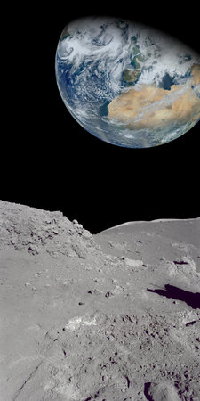Image of the earth from a rocky ground that could be the moon. parts of image furnished by NASA