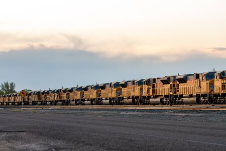 Union Pacific train engines waiting in a row at the yardのeditorial素材