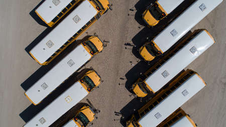 looking down over a row of school busの写真素材